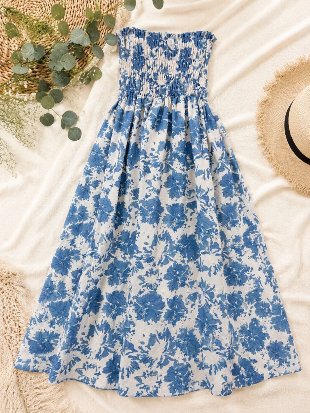 Arula Blue Floral Smocked Strapless Maxi Dress XL Cottagecore Vacation